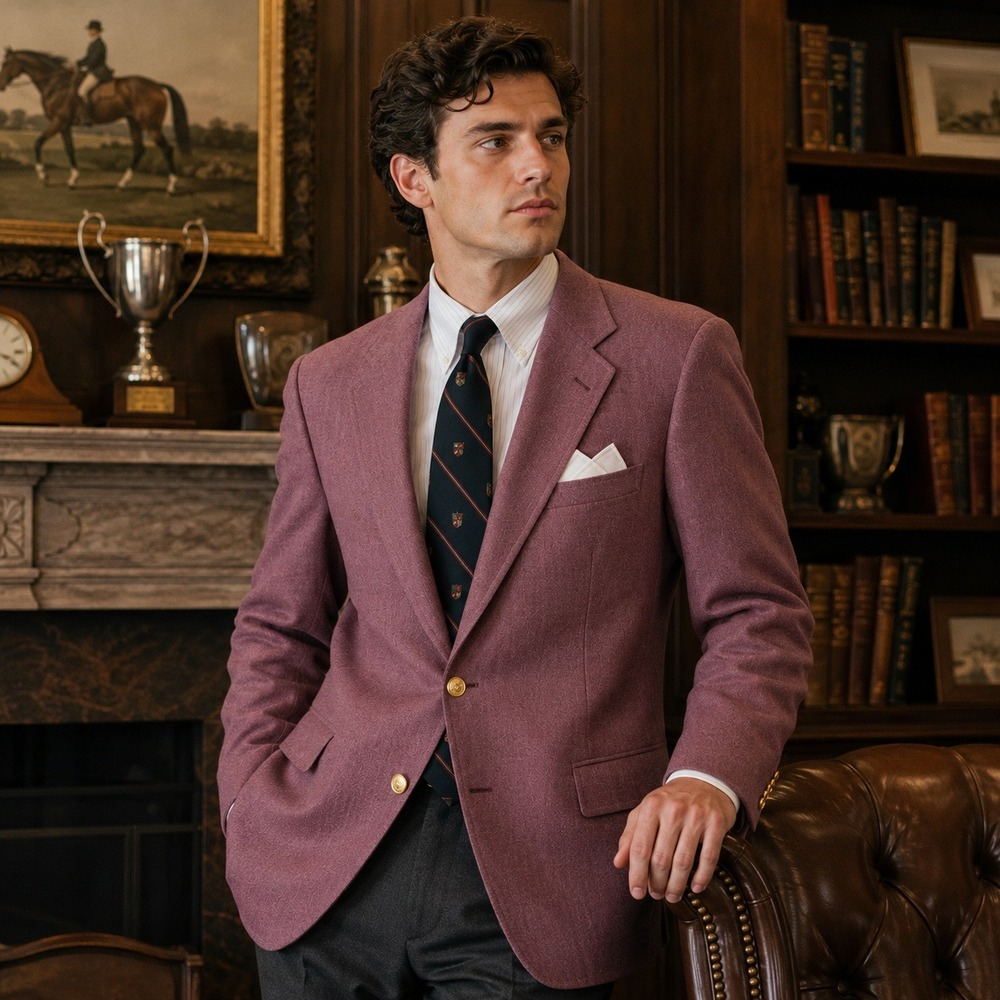 Vintage Hunter Haig Blazer Longline Sport Coat Gold Crest Buttons Mauve Mens 42L